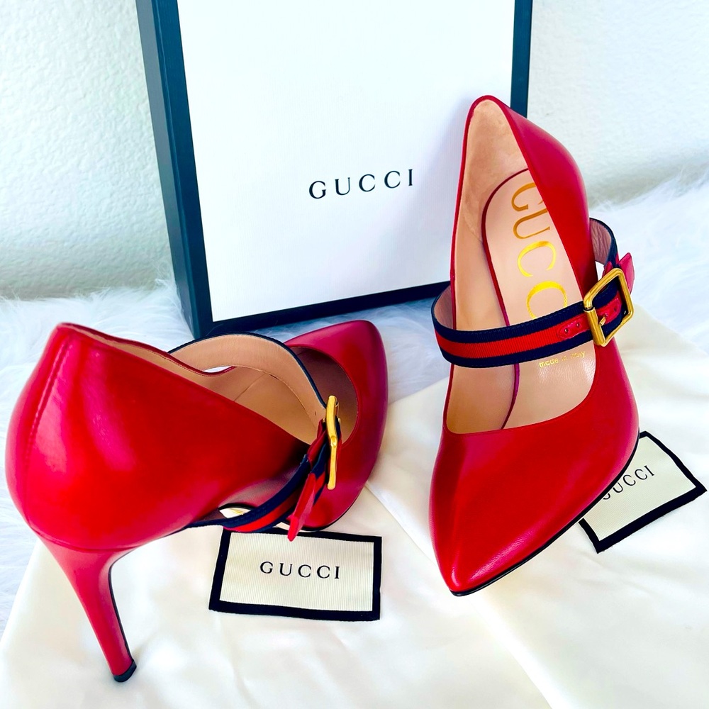 New! GUCCI “Mary Jane” inspired
RED Leather Sylvie Web Strap Heels Size 38.5 - Picture 6 of 14